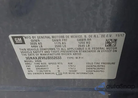 2018 Chevrolet Equinox Lt z USA, uszkodzony, nr VIN 3GNAXJEV8JS552633
